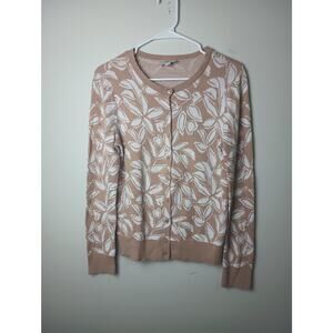 Loft Tropical Palm Tree Button Down Cardigan Knit Sweater Tan White Medium